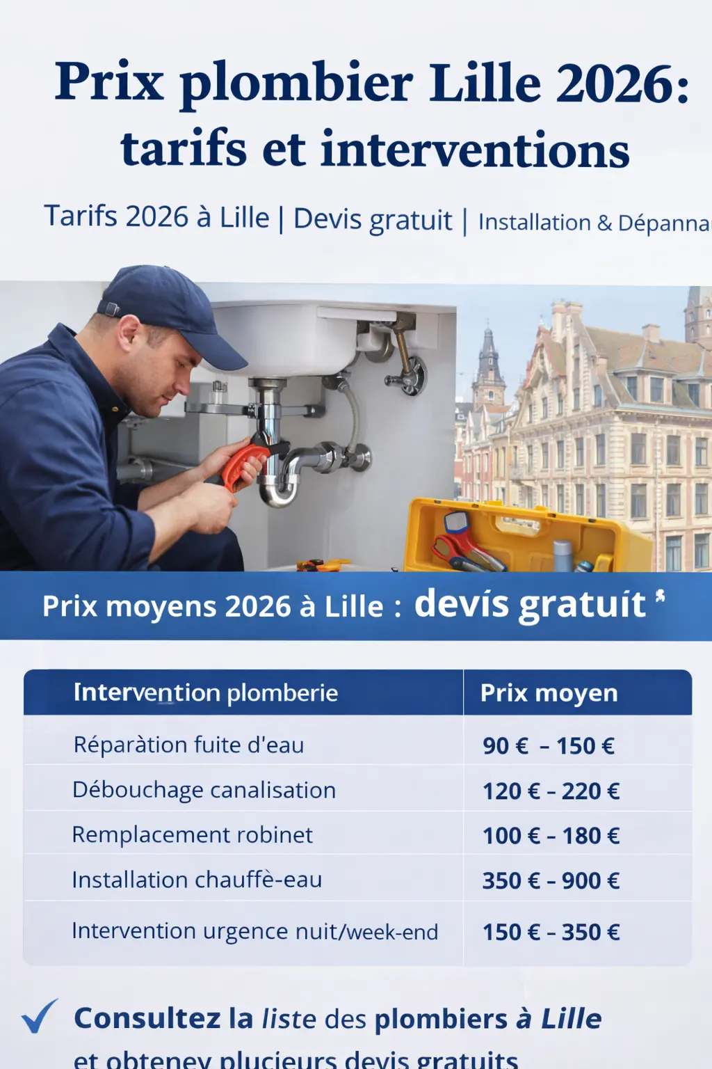 Prix plombier Lille 2026 : tarifs et interventions